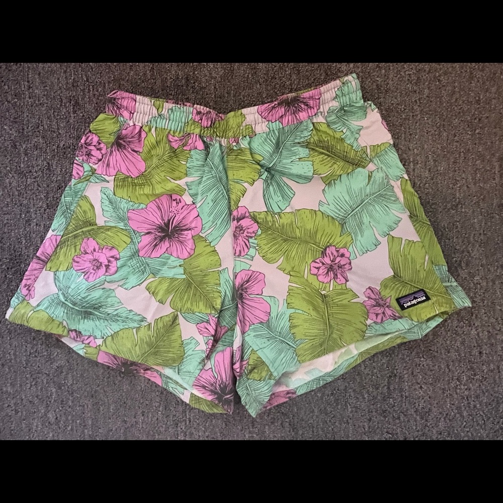Patagonia women’s baggies shorts green pink print